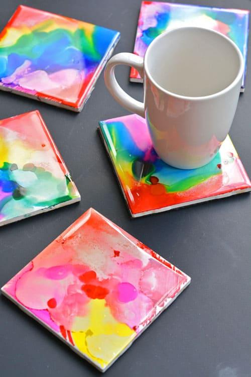 sharpie marbled coasters with white mug